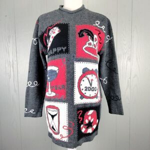 Vintage Y2K Happy New Year 2000 Sweater Womens S‎ Oversized Patchwork Millenium